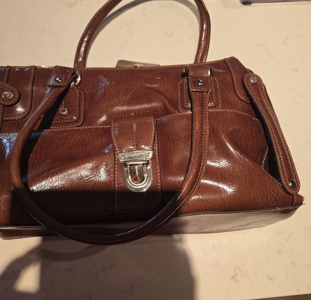 Liz Claiborne Brown Leather Satchel Handbag with Gold Hardware